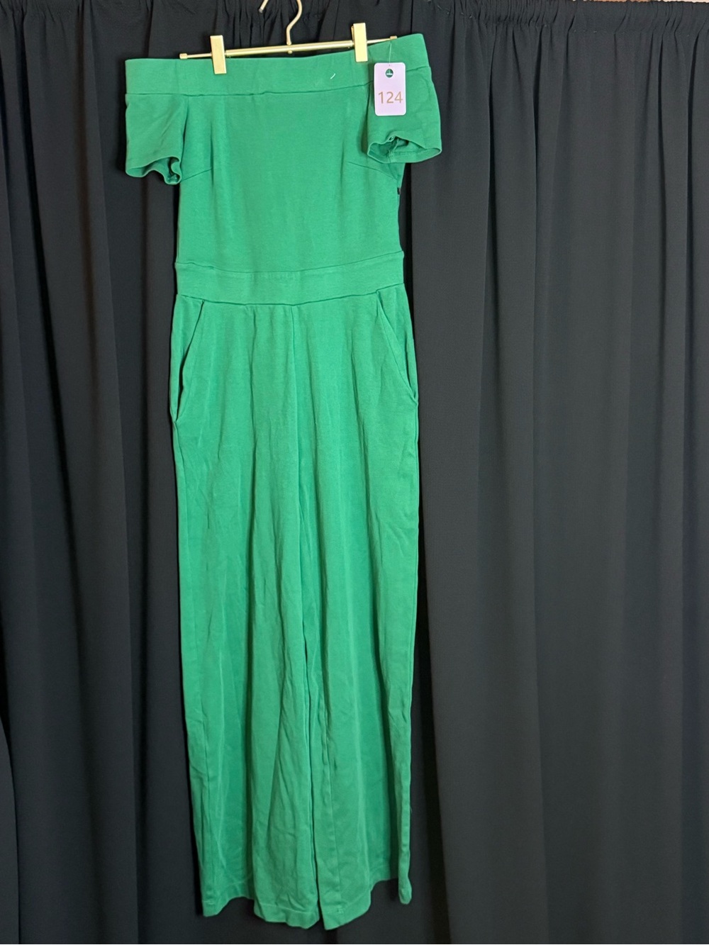 Off-the-Shoulder Green Wide-Leg Jumpsuit